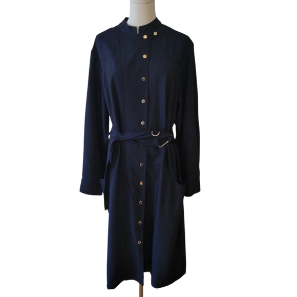Calvin Klein Navy Blue Belted Coat Dress Size 16W - Picture 2 of 5